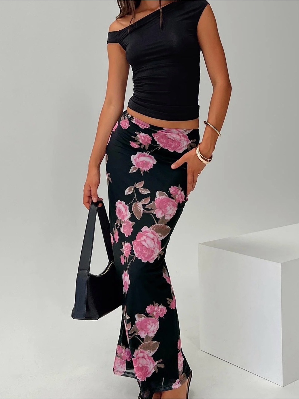 Princess Polly Black Maxi Skirt with Pink Rose Print